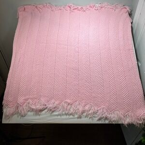 Vintage Crochet Throw Blanket Handmade Pink Chevron Ripple Afghan Shimmer Fringe